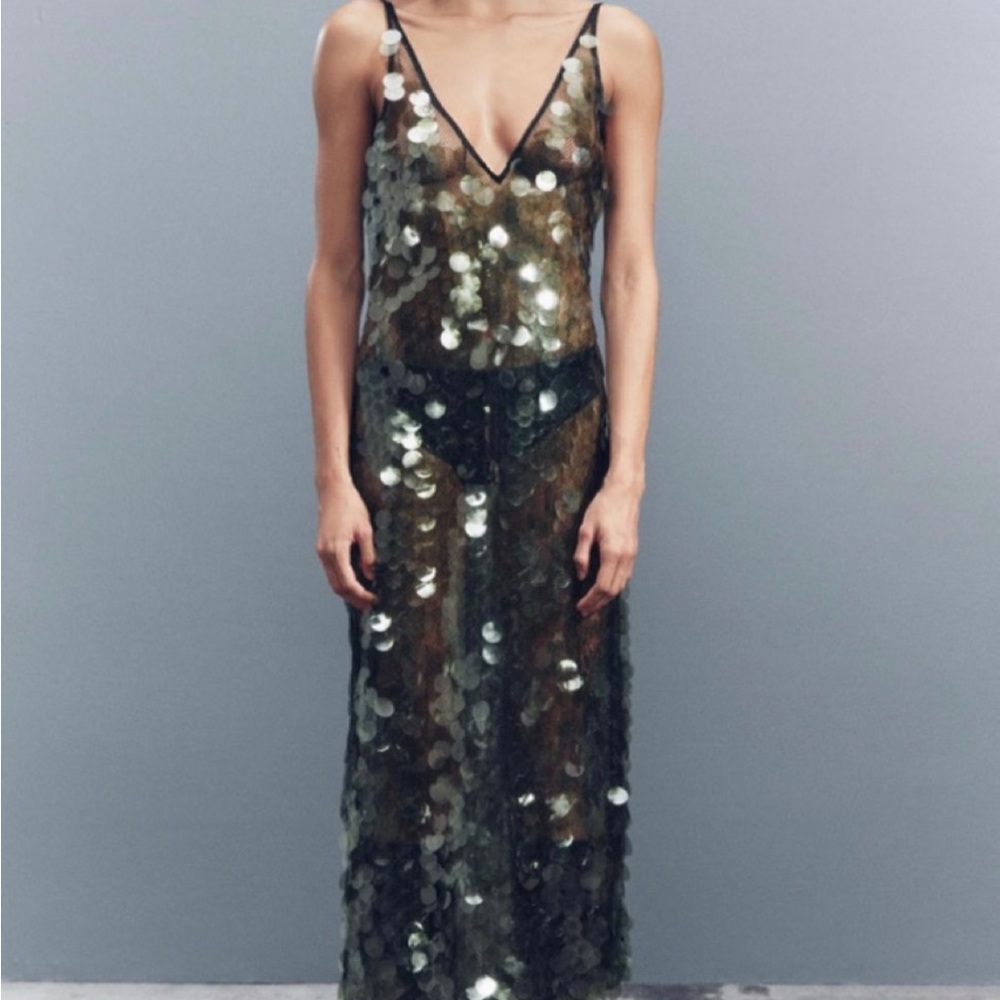 Zara green sequin sheer Dress size M NWT
